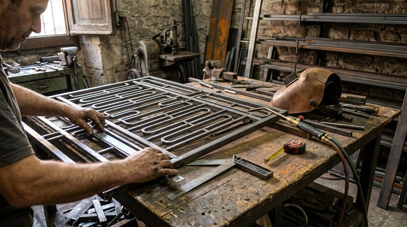 Artesano comprobando las medidas de una reja en el taller