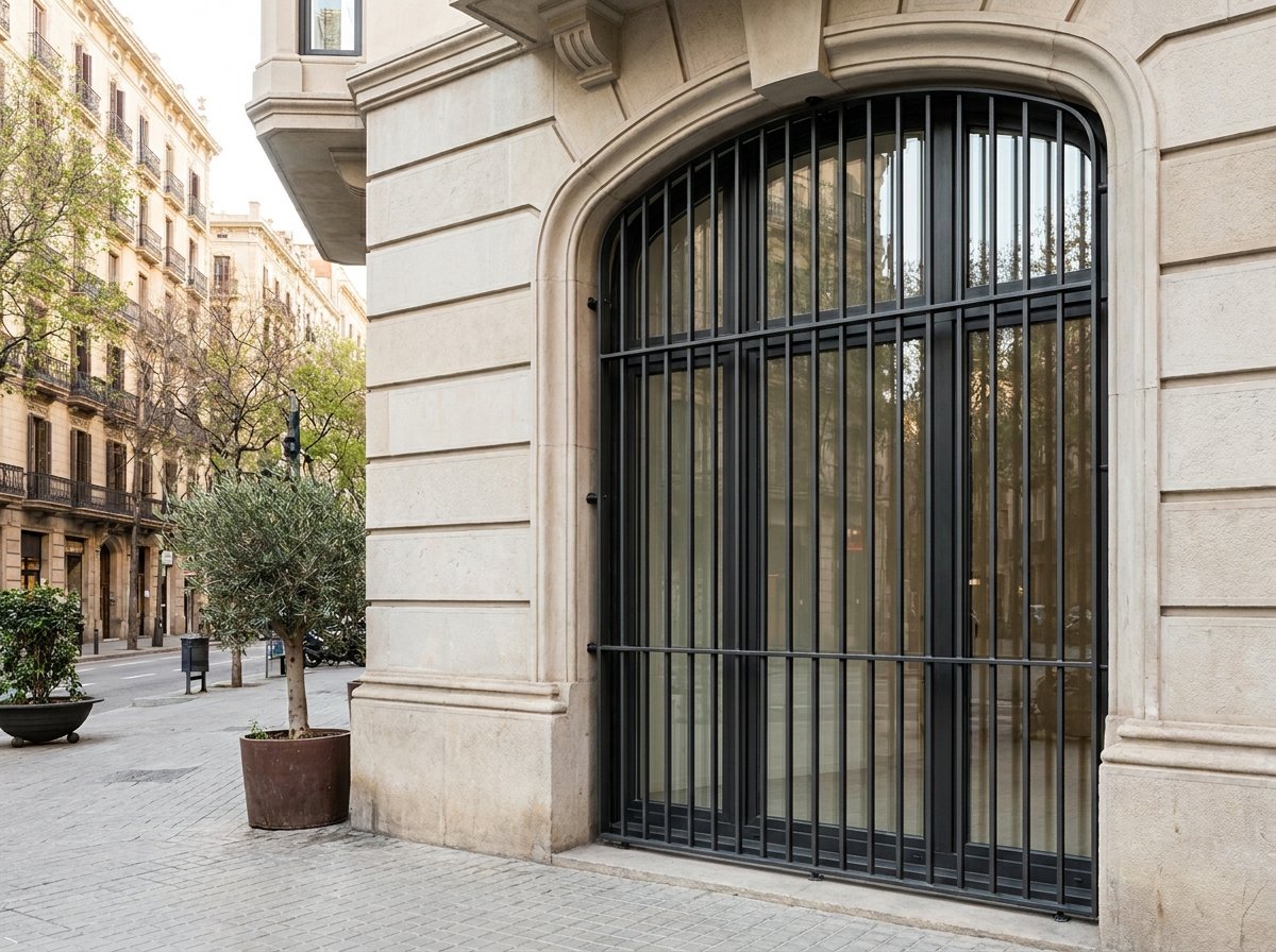 Reja fija de acero en una fachada de Barcelona